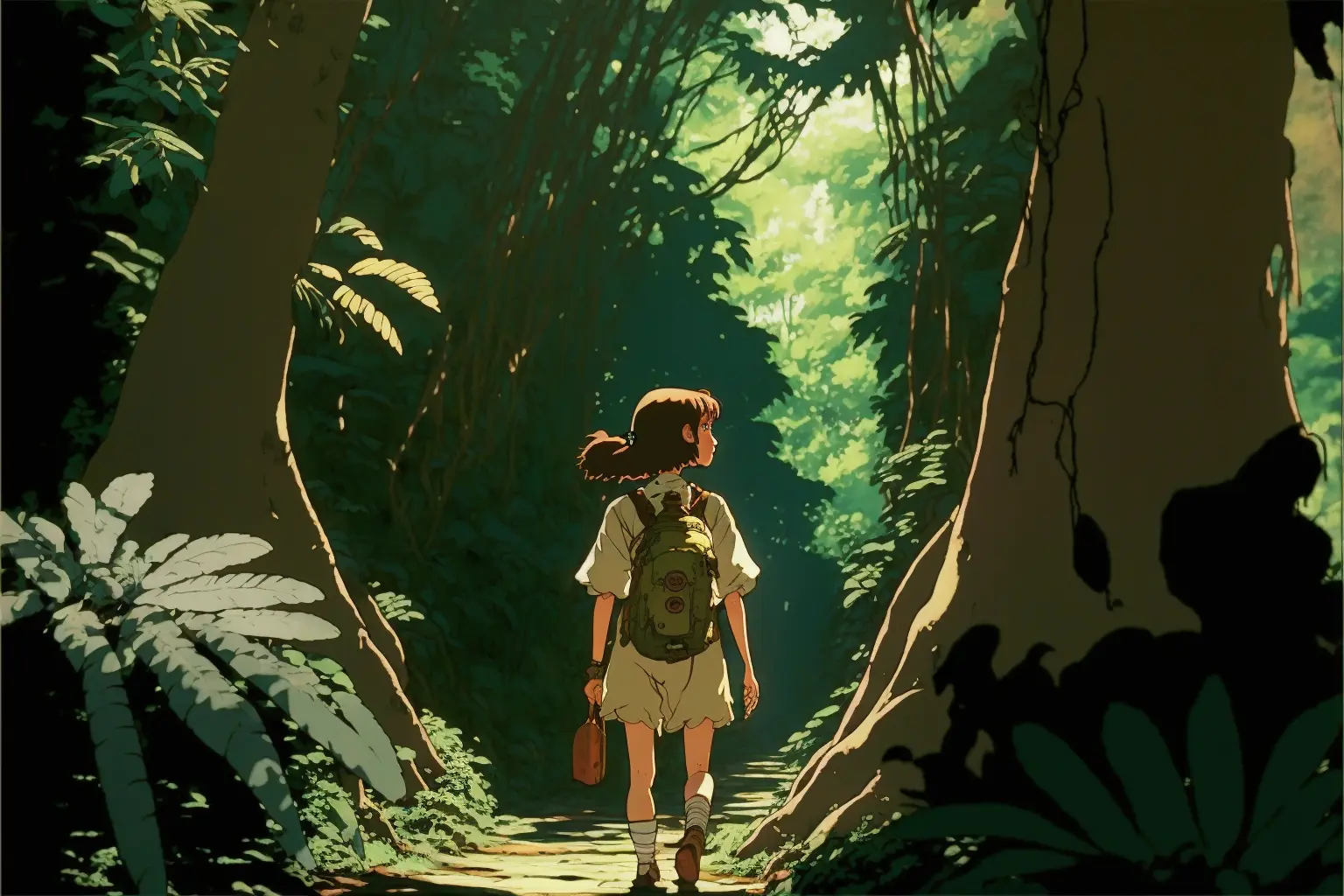 DVD screengrab from studio ghibli movie, female explorer in a dense, jungle, sunlight pouring through the trees, aesthetic, designed by Hayao Miyazaki, retro anime